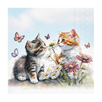 Two kittens looking at each other in a field of flowers with butterflies watercolor, Generative AI