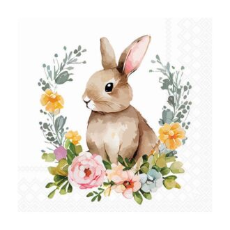 Easter rabbit with spring flowers and leaves wreath watercolor. Cute vintage bunny isolated on white background. Vector illustration