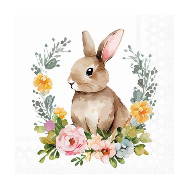 Easter rabbit with spring flowers and leaves wreath watercolor. Cute vintage bunny isolated on white background. Vector illustration