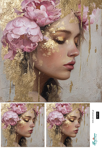 Ριζόχαρτο για decoupage, Γυναίκα με λουλούδια και χρυσό, 30x42εκ