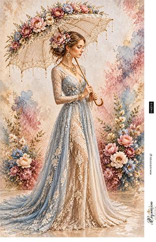 Ριζόχαρτο για decoupage, Γυναίκα με ομπρέλα και λουλούδια, 30x42εκ