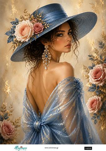 Ριζόχαρτο για decoupage, Elegant lady in blue dress, 30x42εκ